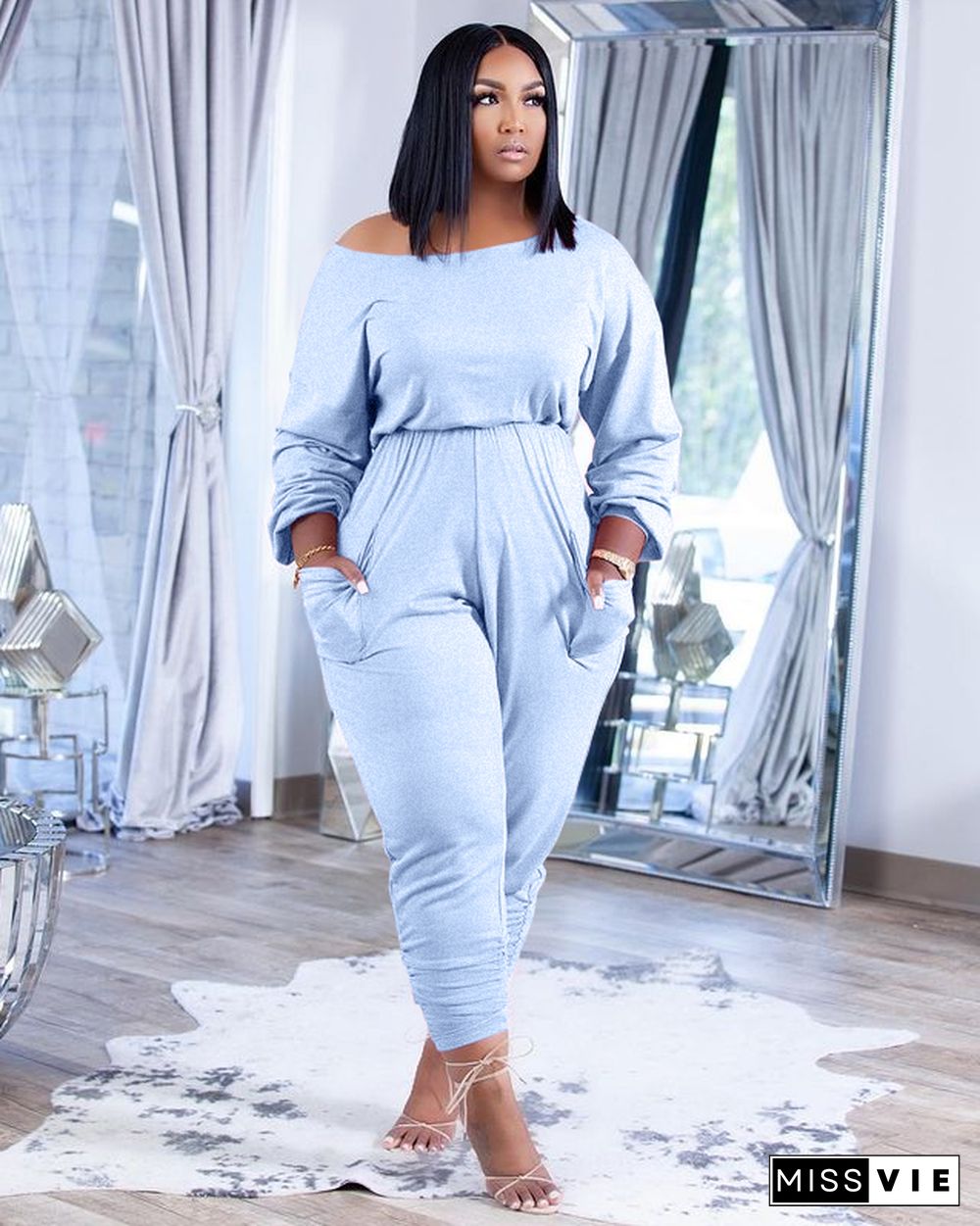 Solid Color Long Sleeve Loose Fit Jumpsuit