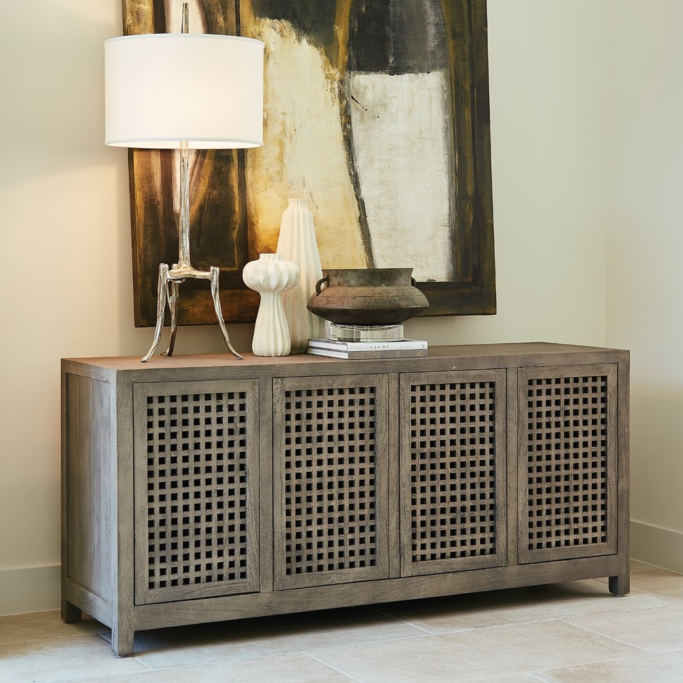 Luxe Gray Drift Wood Lattice Media Cabinet  Cutout Grid Open Coastal Buffet   Transitional   Media Cabinets   by My Swanky Home  Houzz