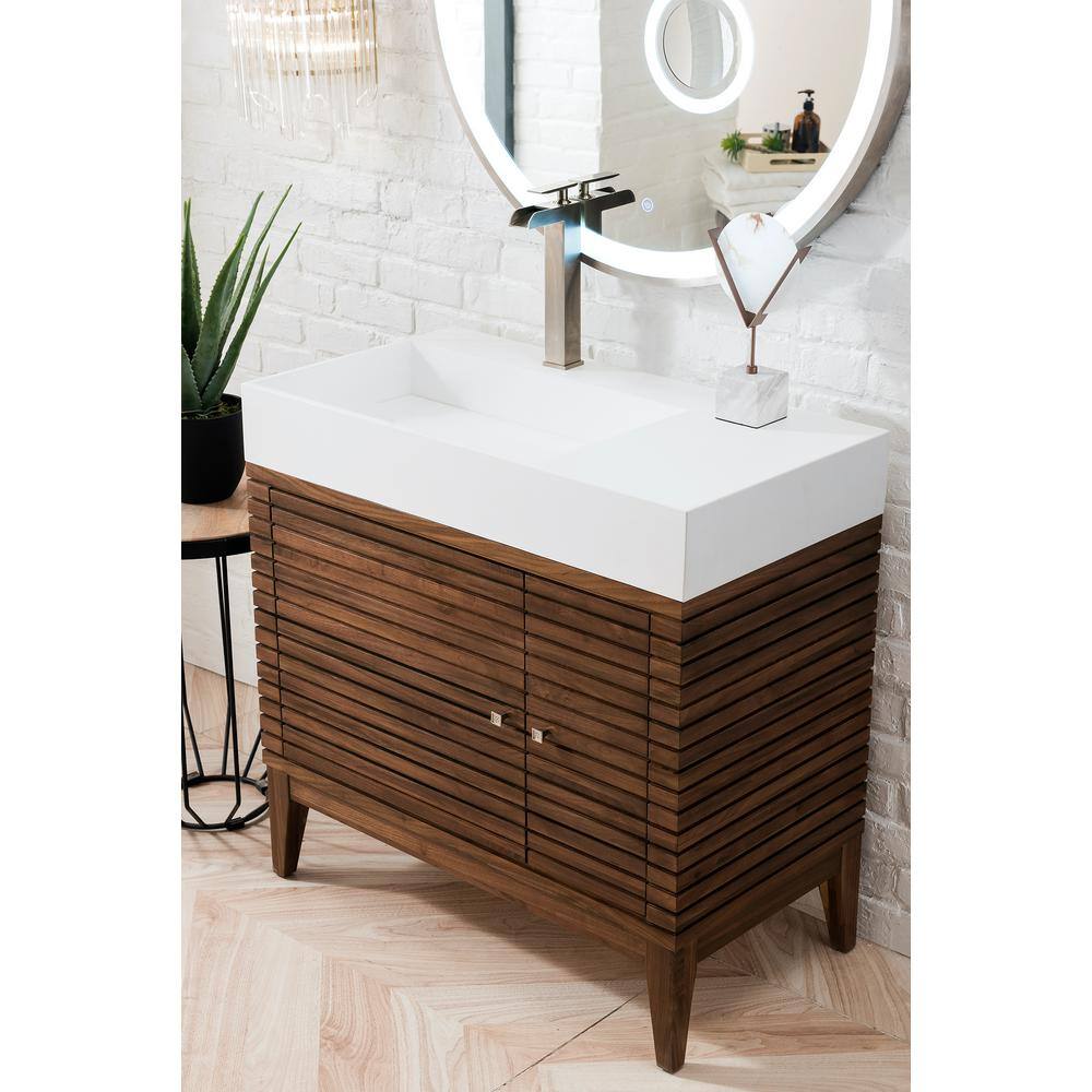 James Martin Vanities Linear 35.5 in. W x 19 in.D x 34.5 in.H Single Bath Vanity in Mid Century Walnut with Solid Surface Top in Glossy White 210-V36-WLT-GW