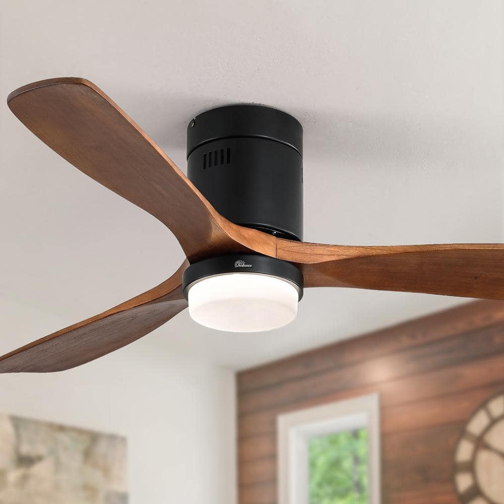 Sofucor 52 in. LED IndoorOutdoor Flush Mount Smart Matte Black Ceiling Fan with Wood Blades 6-Speed DC Remote Control ZSKBKN220209010