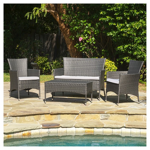 Malta Outdoor 4pc Wicker Chat Set With Cushions Christopher Knight Home