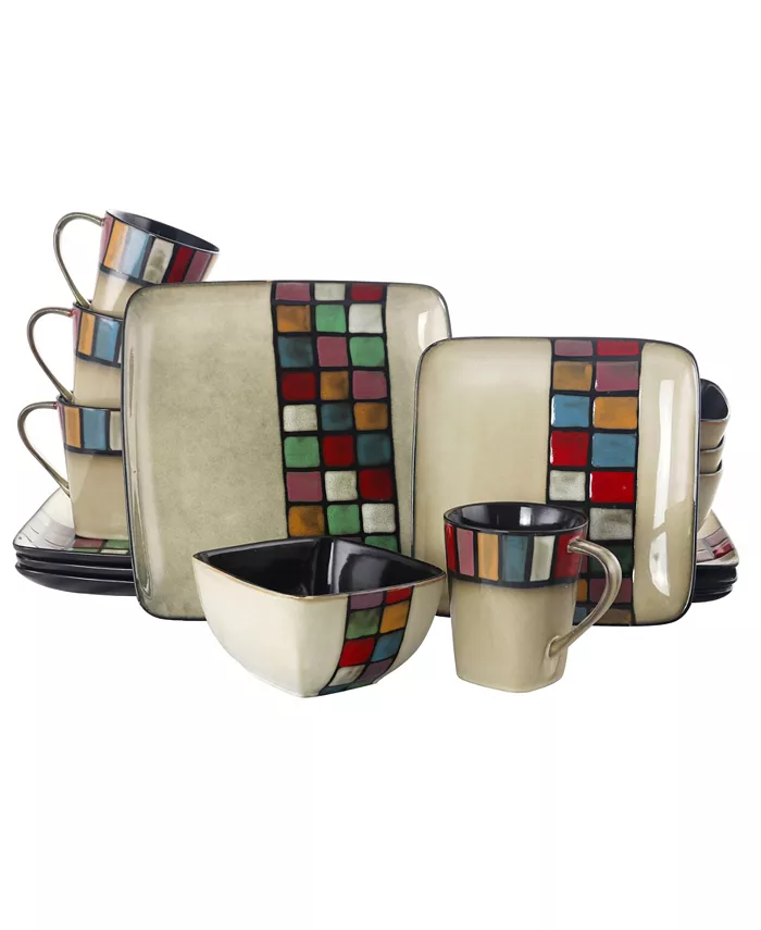 Elama Grace 16 Piece Multicolored Square Stoneware Dinnerware Set Service for 4