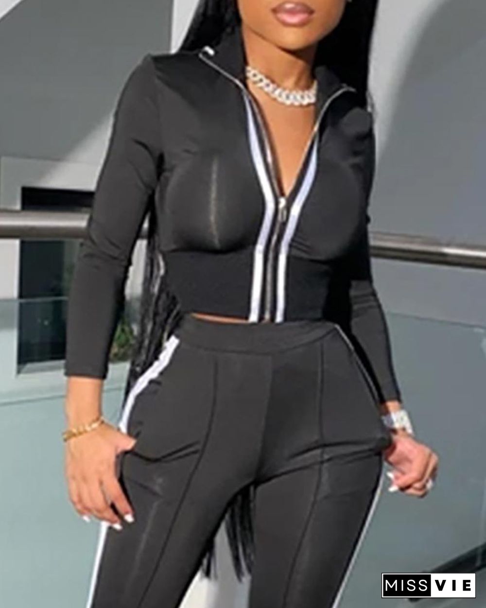 Sporty Striped Tape Coat & Pants Set