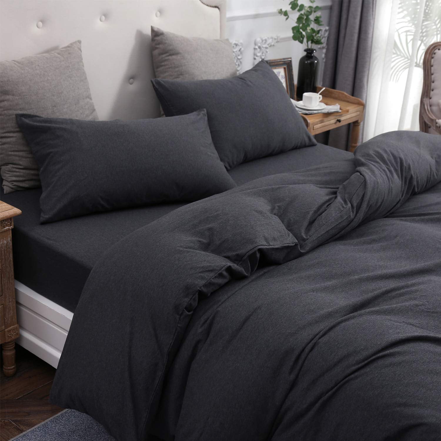 PURE ERA Duvet Cover Set - Ultra Soft Heather Jersey Knit Cotton Home Bedding Solid Black Queen Size， 1 Comforter Cover and 2 Pillow Shams