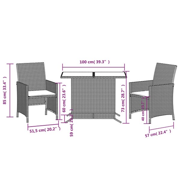 vidaXL 3 Piece Bistro Set with Cushions Poly Rattan