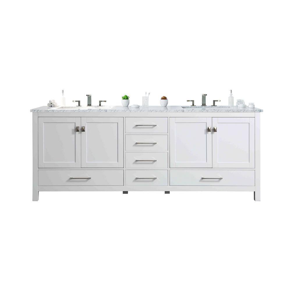 Eviva Aberdeen 84 in. W x 22 in. D x 34 in. H Double Bath Vanity in White with White Carrara Marble Top with White Sink EVVN412-84WH