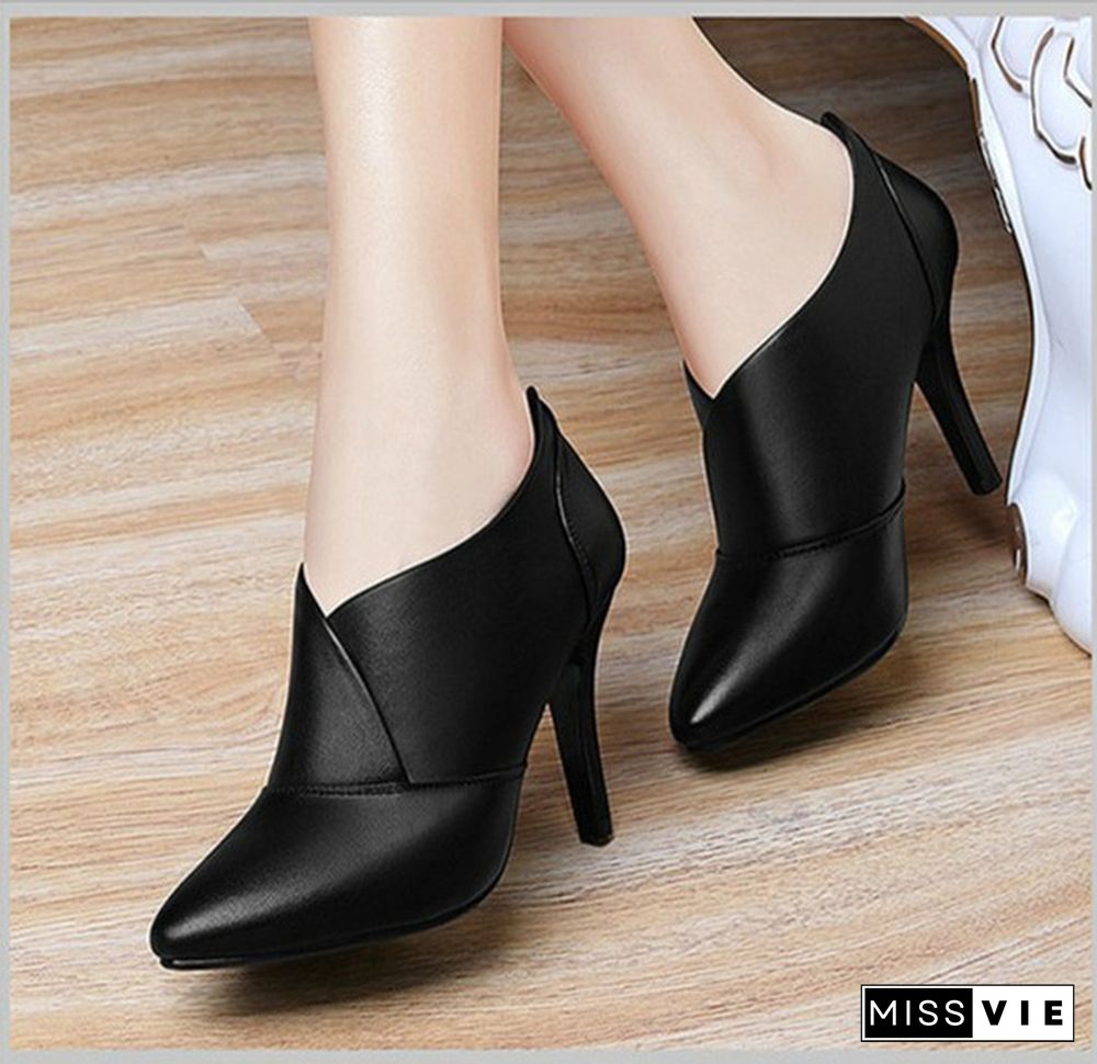 33-41 Fashion Women Leather High Heels Dress Shoes Pointed Toe Ankle Boots Thin Heels Pumps