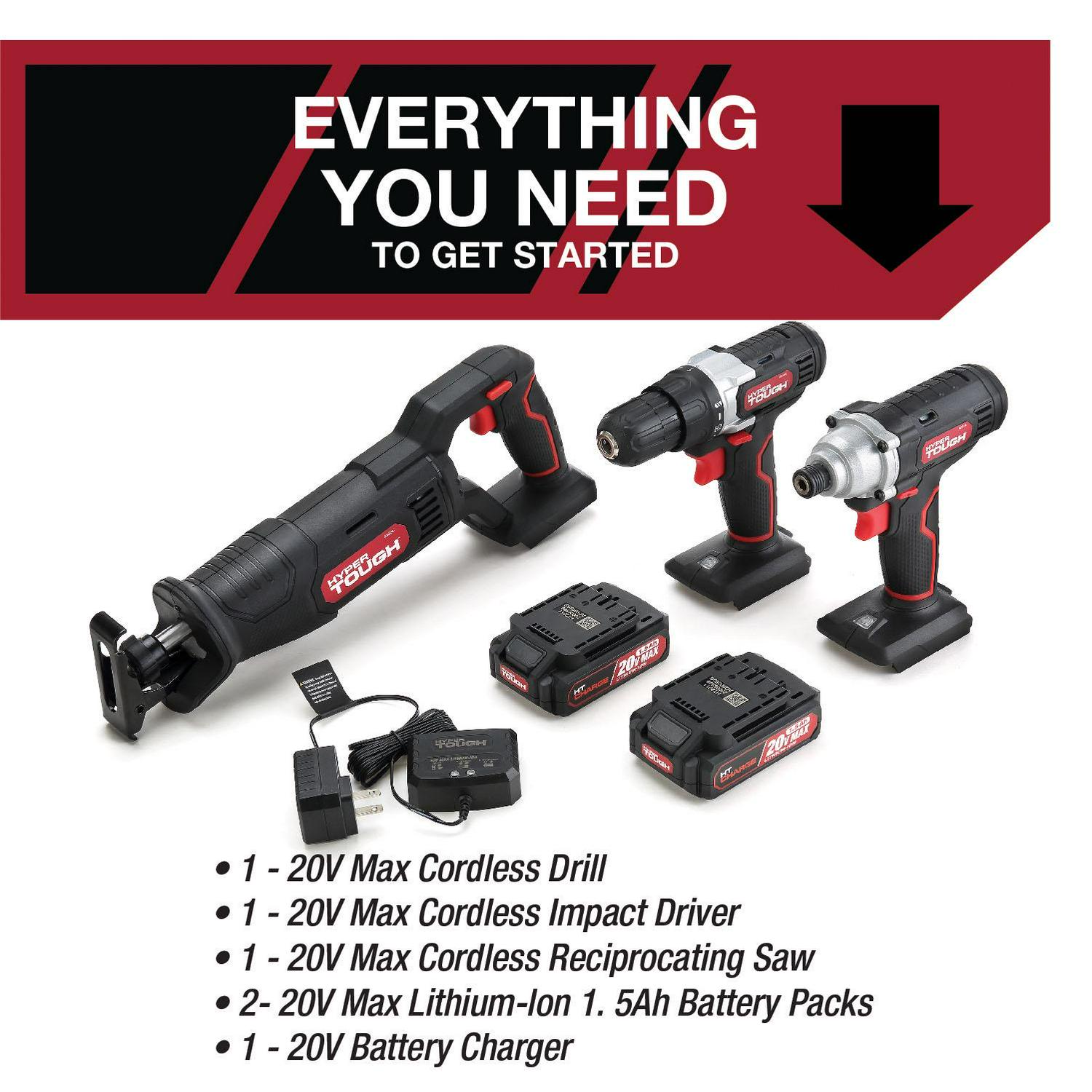 Hyper Tough 3 Tool Piece Set 20V Max Cordless Combo Kit with 3/8 inch Drill， 1/4 inch Impact Driver， Recip Saw with 2 1.5Ah Lithium-ion Batteries， Charger， Wood Blade， Built-in LED Light and Bag