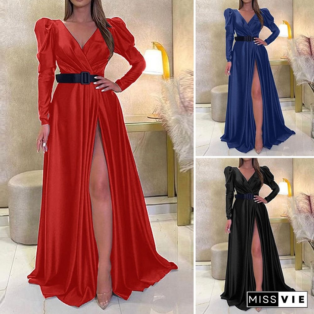 Womens V-Neck Cocktail Prom Sexy Kaftan Evening Split Silky Satin Maxi Dress Party Plus Size