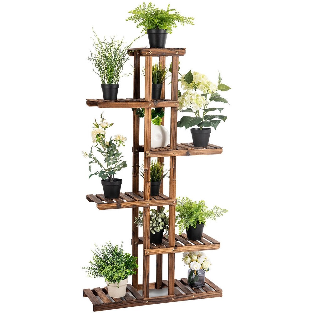 Costway 6 Tier 11 Pots Wooden Plant Flower Display Stand Wood Shelf   29.5'' X10'' X55.5''