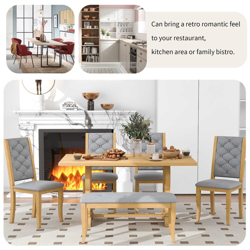 Modern Vintage 6 Piece Dining Set with Rectangular Dining Table and Tufted Dining Chairs   Bench Seating  for Dining Room