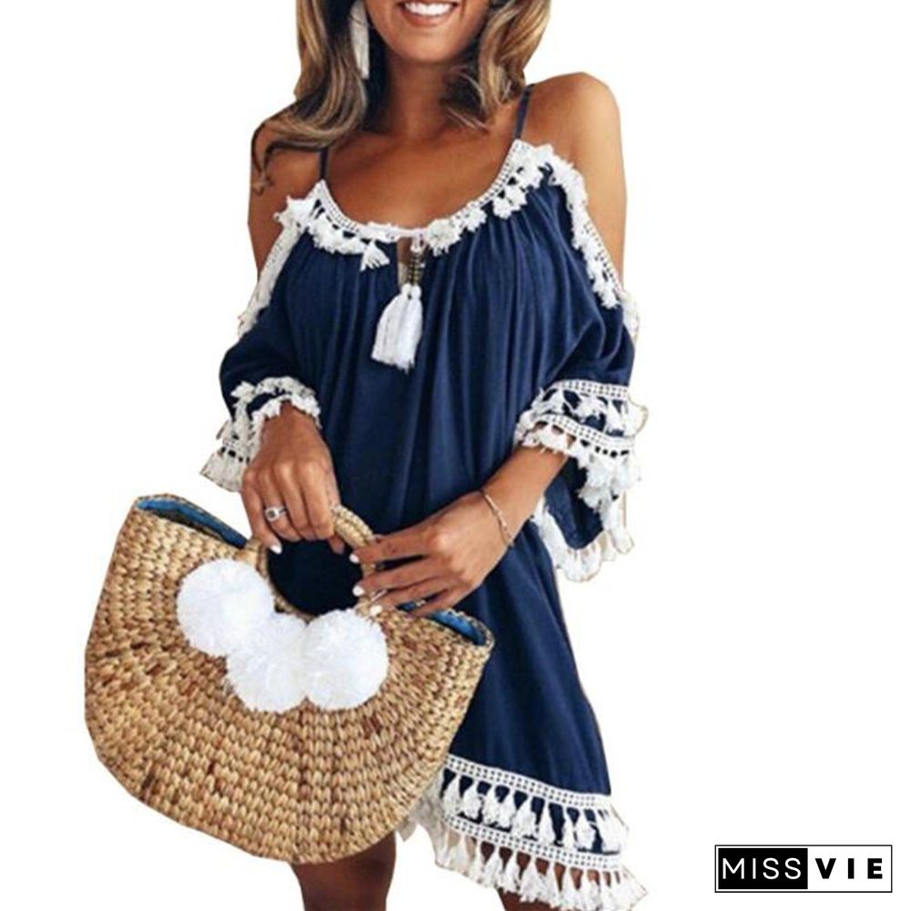 Fashion Summer Women Sexy Tassel Mini Dress Casual Off Shoulder Halter Half Sleeve Vintage Female Dresses 2 Colors