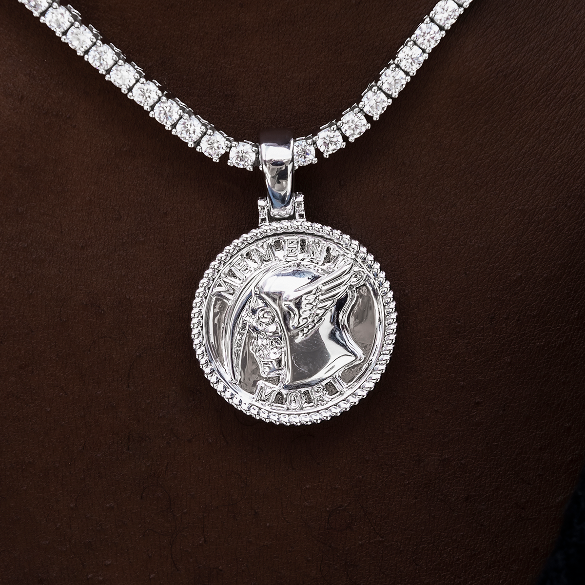 Memento Mori Coin Pendant in White Gold