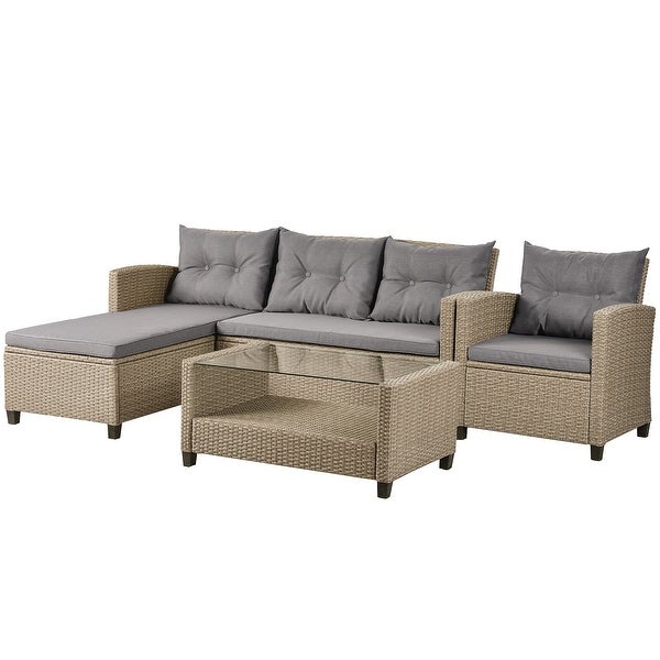 4 Piece Outdoor Patio Furniture Sets， Conversation Set Wicker Ratten Sectional Sofa with Seat Cushions(Beige Brown) - Overstock - 37403557