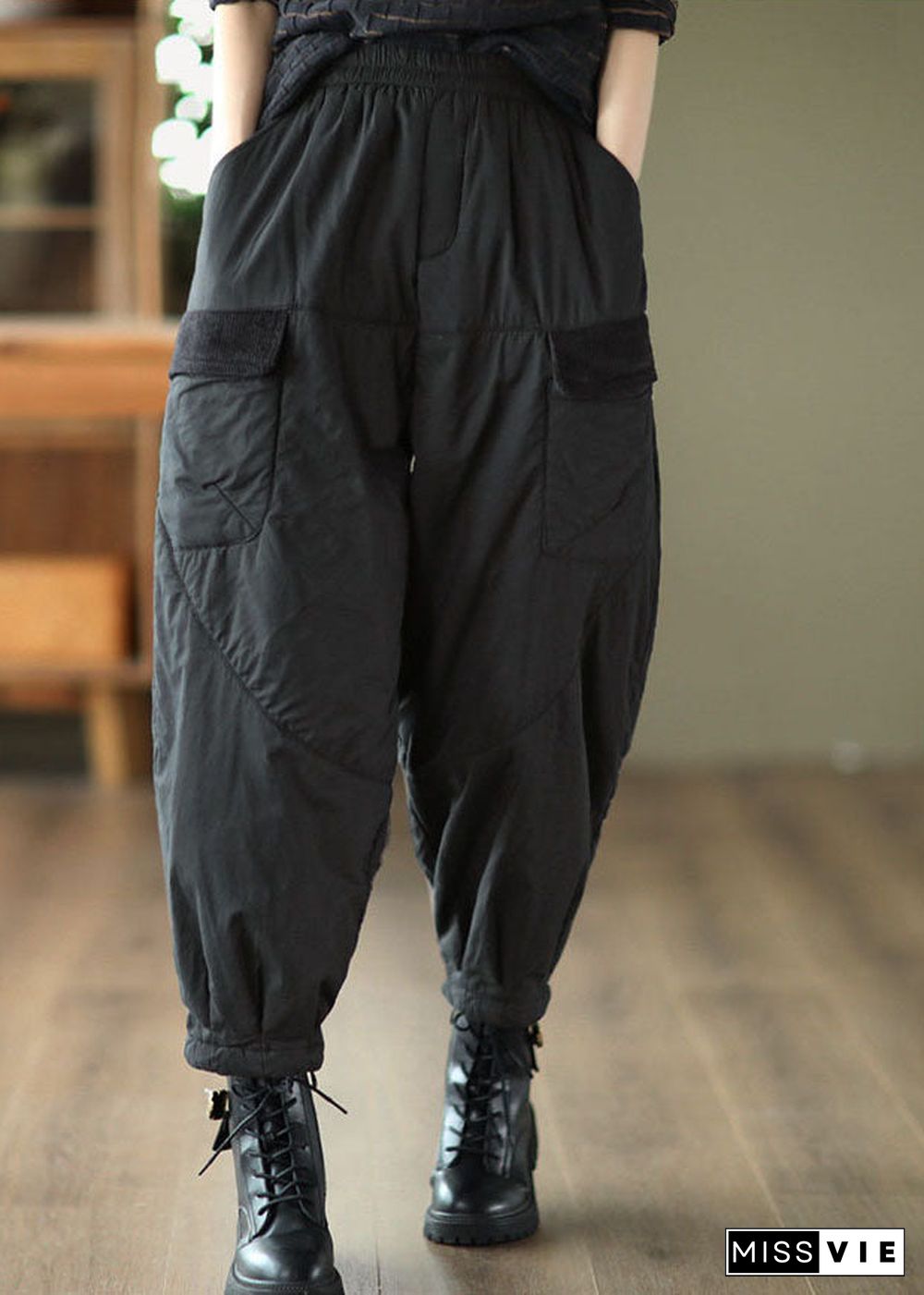 Unique Black Elastic Waist Pockets Fine Cotton Filled Pants Winter