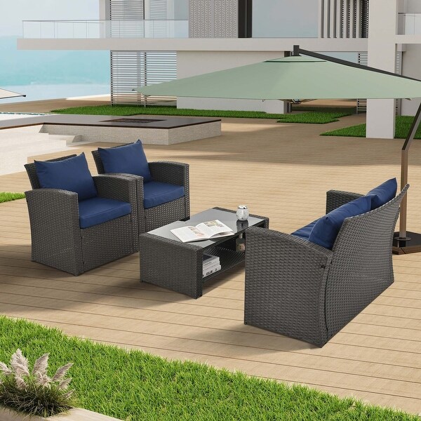 4Piece PE Wicker Patio Conversation Set with Cushions