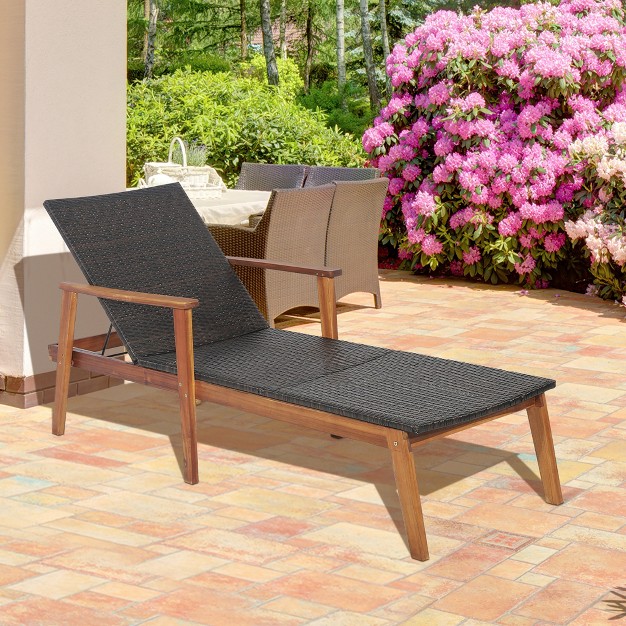 Tangkula Adjustable Patio Rattan Lounge Chair Recliner Outdoor Chaise Acacia Wood Frame