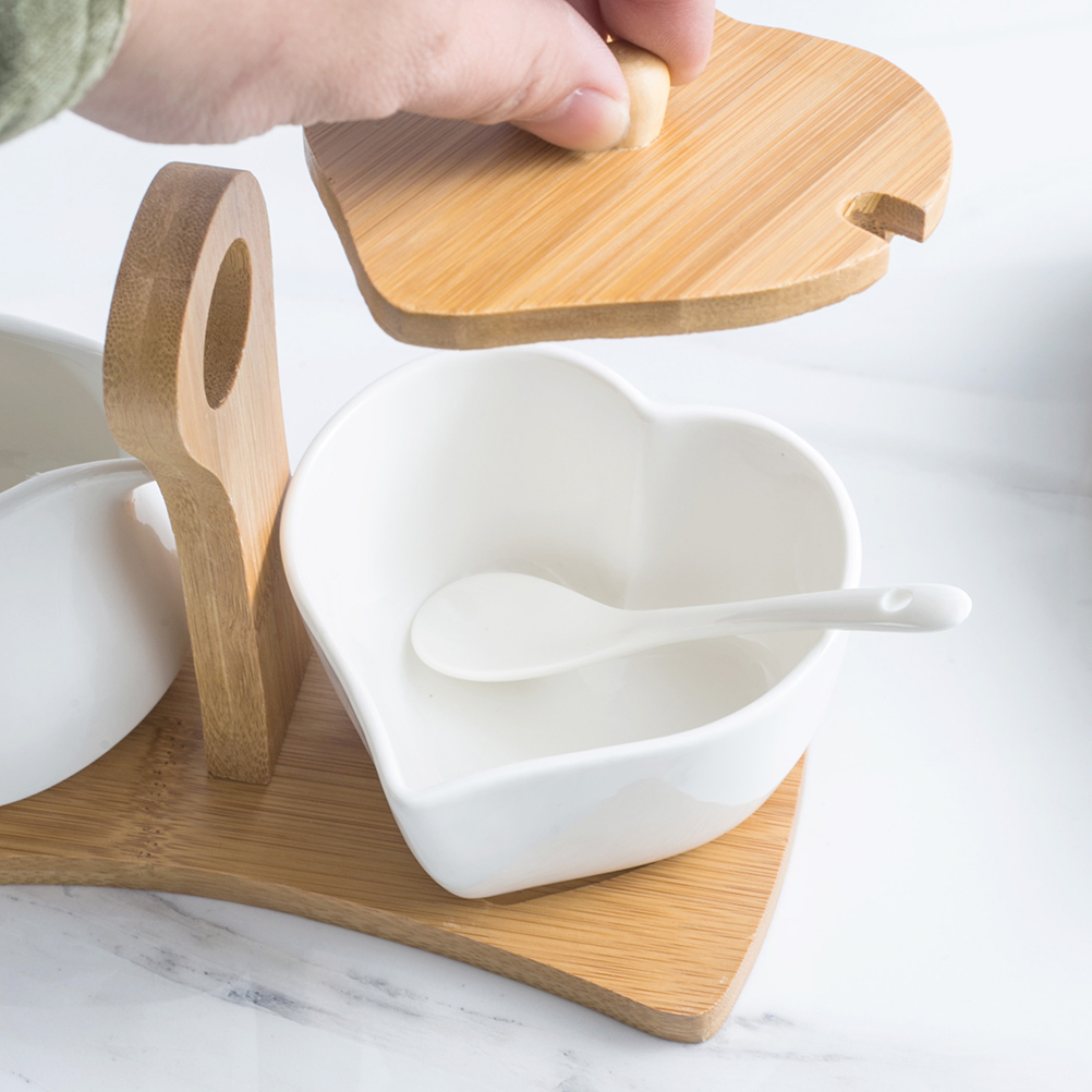 Tinksky Ceramic Sugar Bowl and Cream Pitcher Set with Bamboo Tray and Spoon for Home Hotel