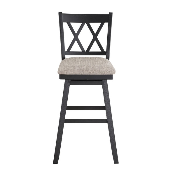 Jasmine 29 Inch Handcrafted Rustic 360 Degree Swivel Barstool Chair， Crossed Black Wood Frame， Gray