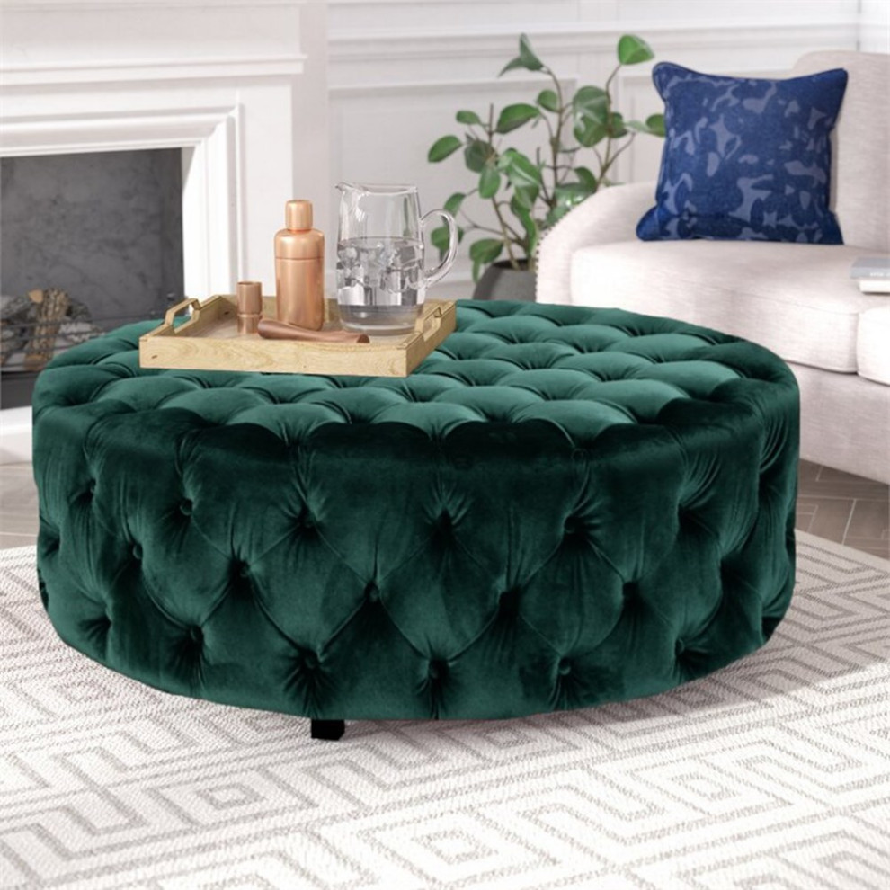 American Home Classic Jasper 16 quotSmall Round Velvet Ottoman in Green   Contemporary   Footstools And Ottomans   by Homesquare  Houzz