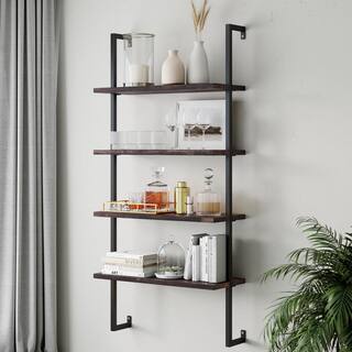 Nathan James Theo Nutmeg Brown 4-Shelf Wood 64 in. Black Pipe Metal Frame Floating Wall Mount Shelves Bookcase 65701