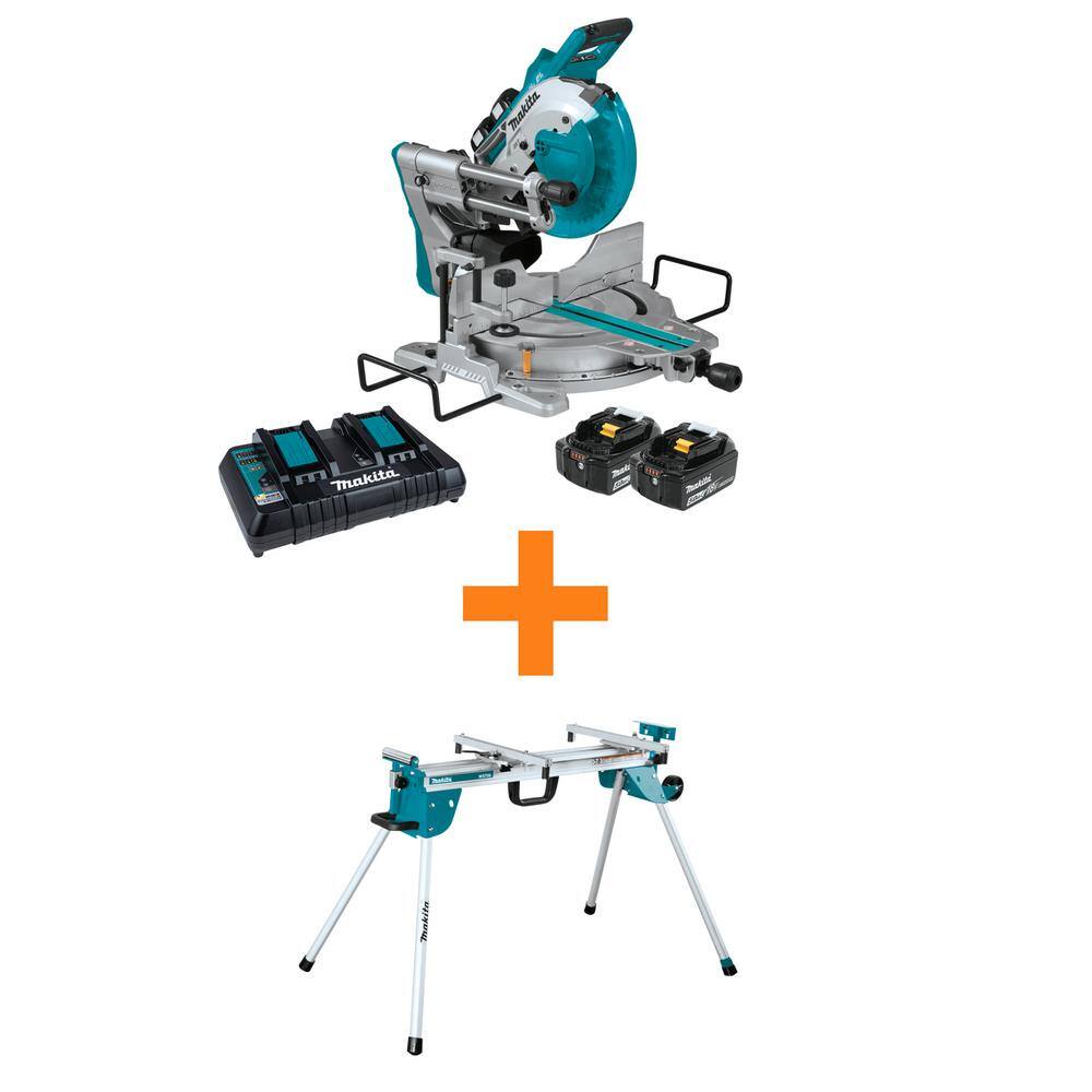 Makita 18V X2 (36V) LXT Brushless 10 in. Dual-Bevel Sliding Compound Miter Saw Kit (5.0Ah) with bonus Folding Miter Saw Stand XSL06PT-WST06