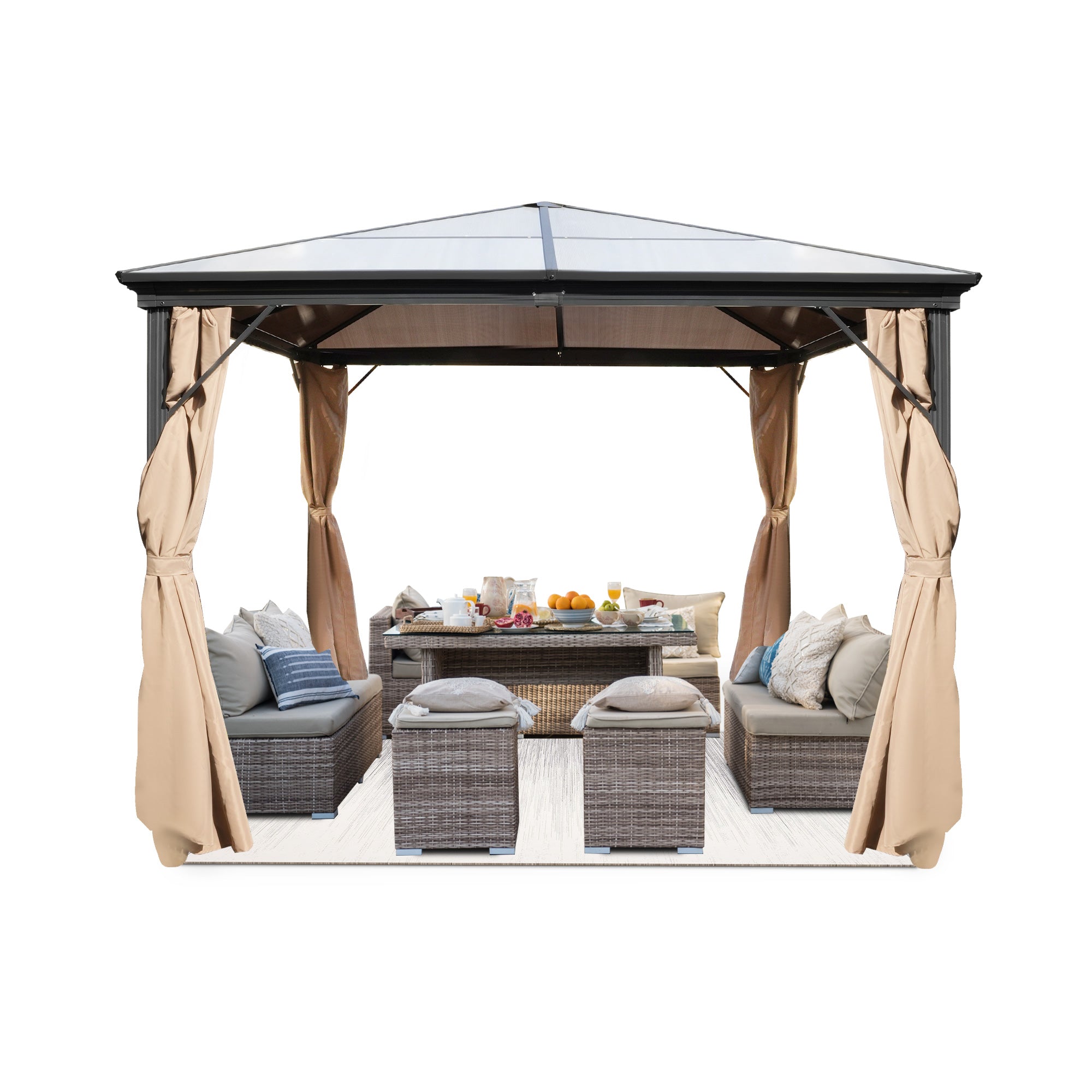 10x10 FT Hardtop Outdoor Gazebo, Aluminum Frame Polycarbonate Hardtop Garden Tent, Aluminum Frame Permanent Pavilion with Curtains and Mosquito Netting for Garden, Patio, Lawns, Parties