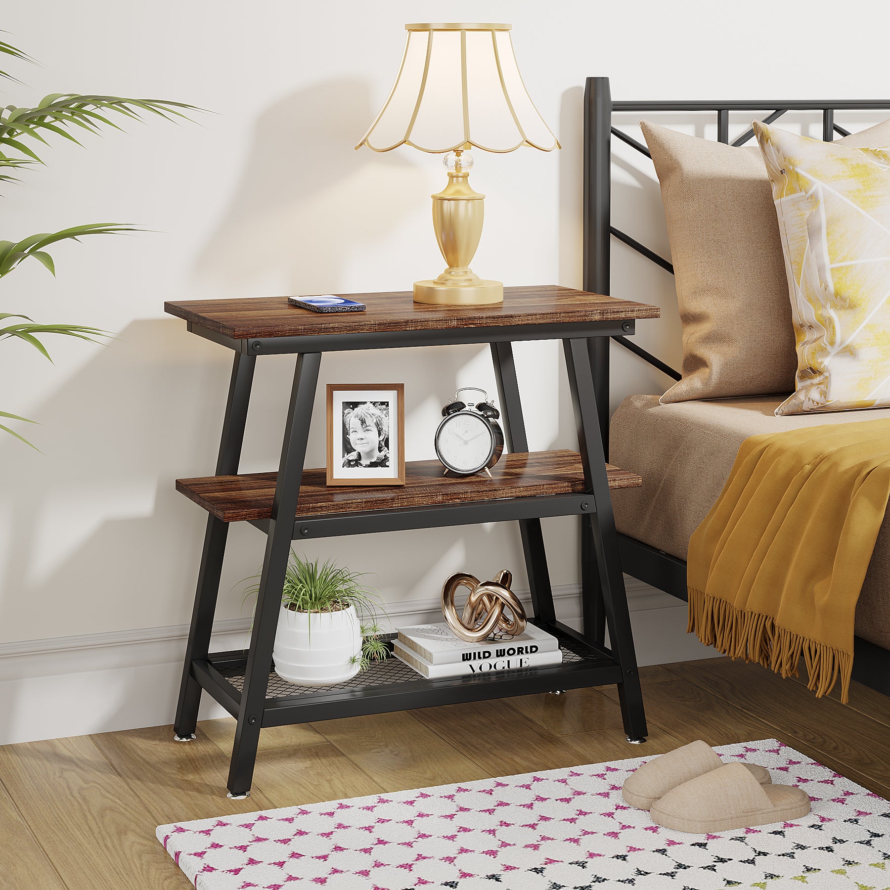 3-Tier End Table, Vintage Bed Side Table with Storage Shelf