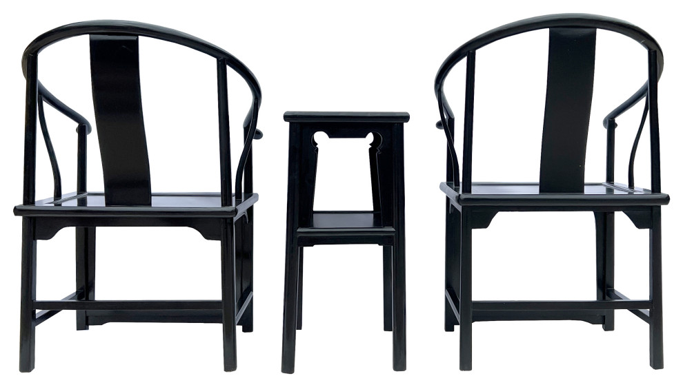 Chinese Distressed Black Lacquer Horseshoe Back Armchair Table 3 Pcs Set Hcs7660   Asian   Living Room Furniture Sets   by Golden Lotus Antiques  Houzz