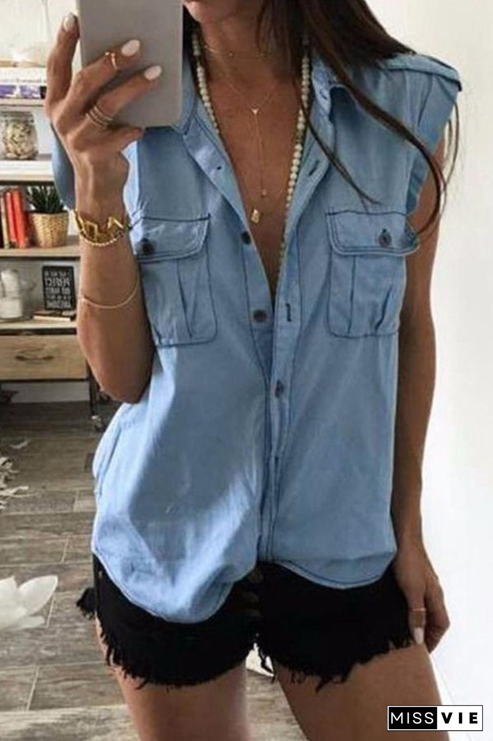 Plus Size Turndown Collar Sleeveless Denim Pocket Shirt