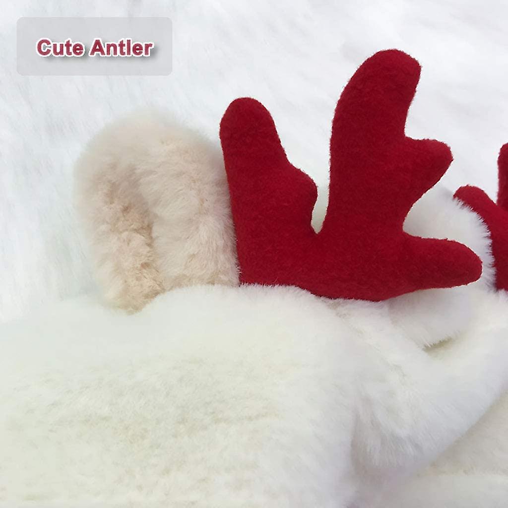 3 In 1 Hat Gloves Scarf Cute Plush Antler Hat Winter Warm Animal Hood Hat For Women Girls Christmas Costume Dress Up White -