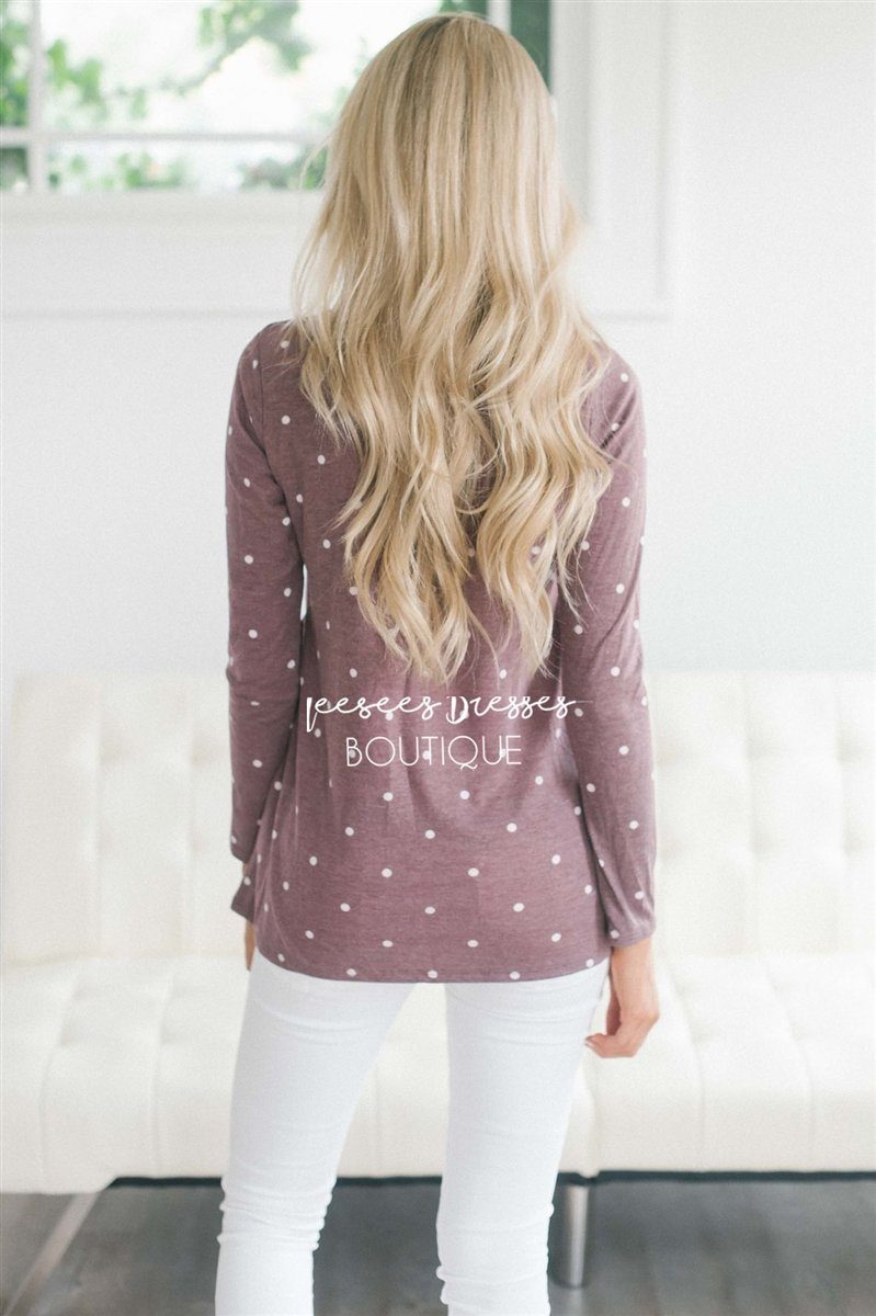 Polka Dot Ruffle Front Long Sleeve Top