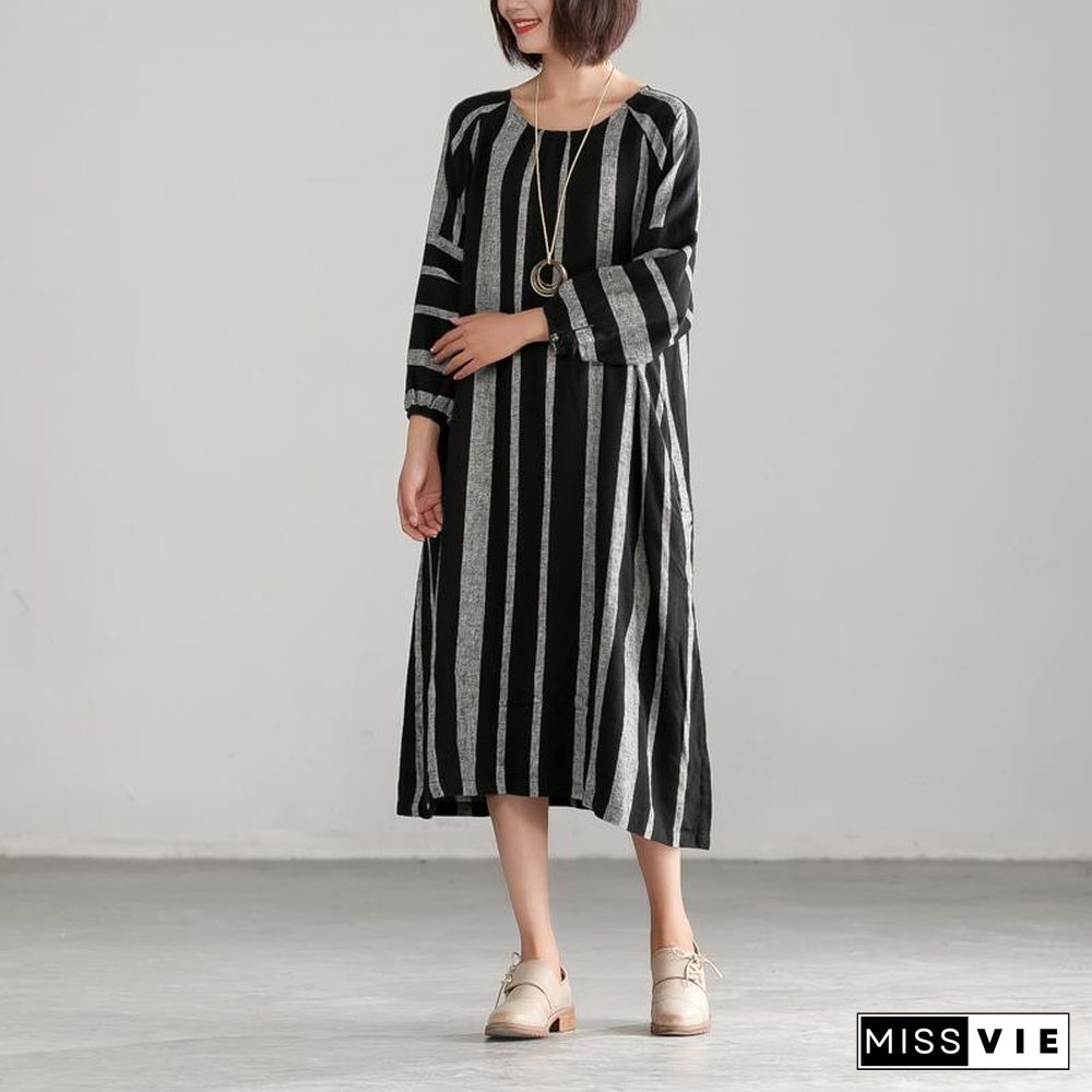 Unique linen cotton quilting dresses stylish Black And Gary Stripe Casual Loose Dress