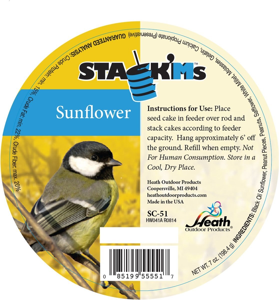 Heath Outdoor Products Sunflower Stack'Ms Seed Cake Bird Food， 7-oz cake， pack of 6