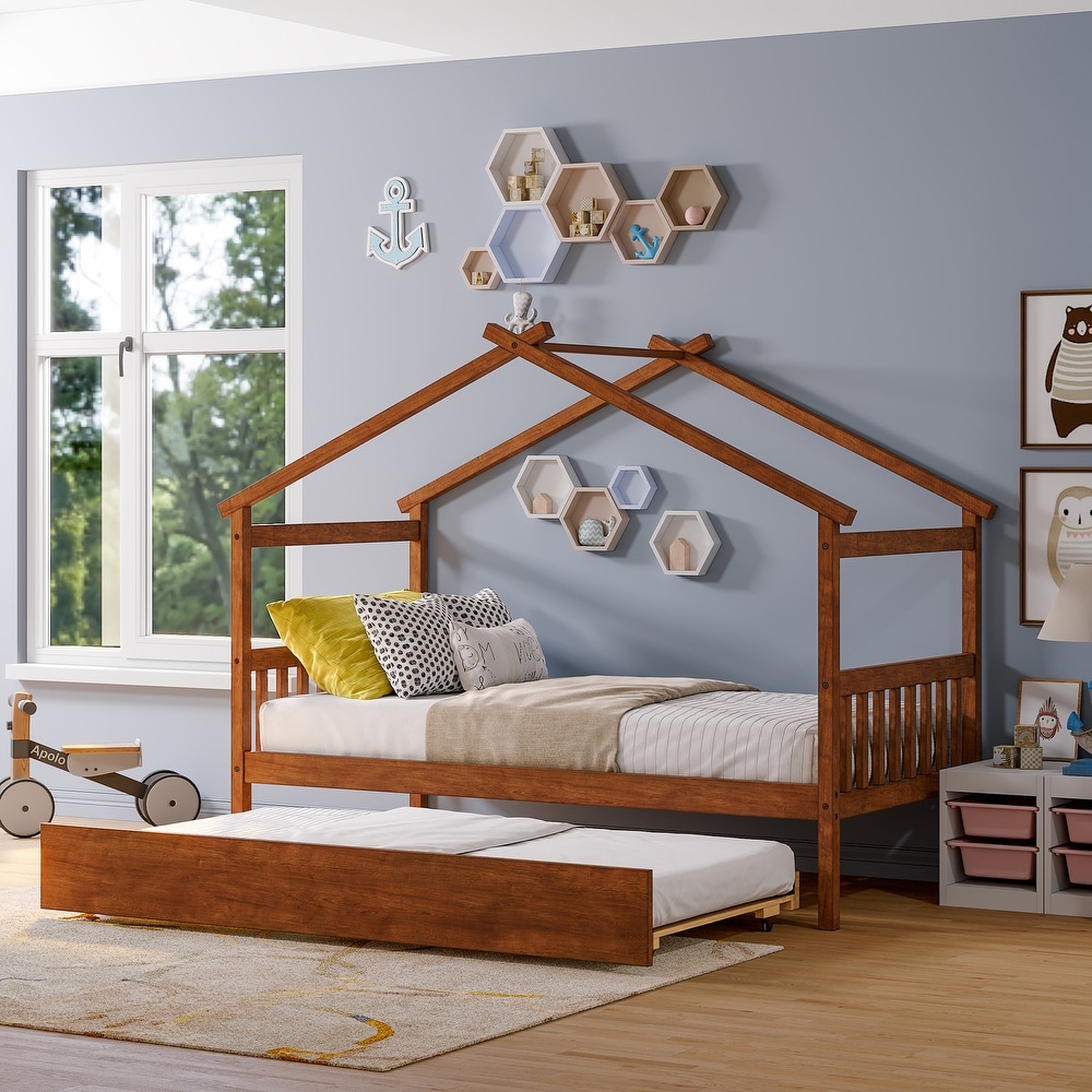 Twin Imaginative House Daybed with Headboard for Kids Girls Boys  Wooden Storage Platform Bedframe w/Trundle   Sky Roof  Walnut