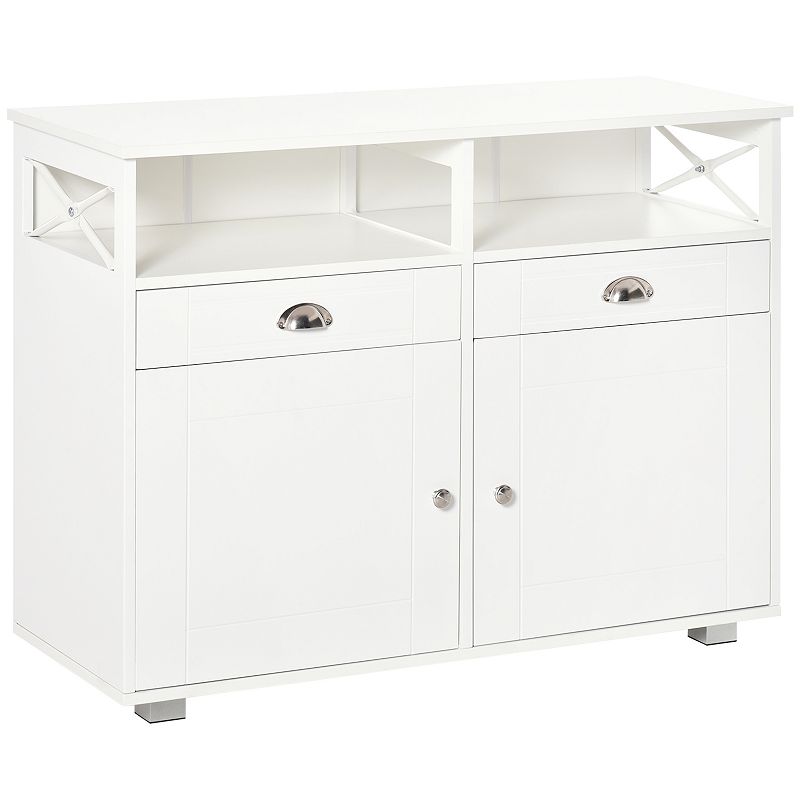 HOMCOM Sideboard Buffet Table Storage Cabinet with Large Tabletop 2 Cabinets 2 Drawers and Crossbar Side Design White