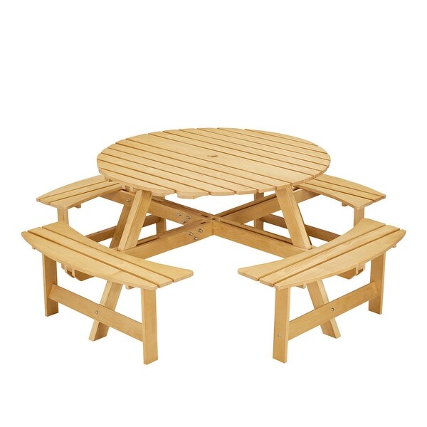 8 Person Wood Picnic Table，Outdoor Round Picnic Table with 4 Builtin Benches，Umbrella Hole，Outside Table and Bench Set