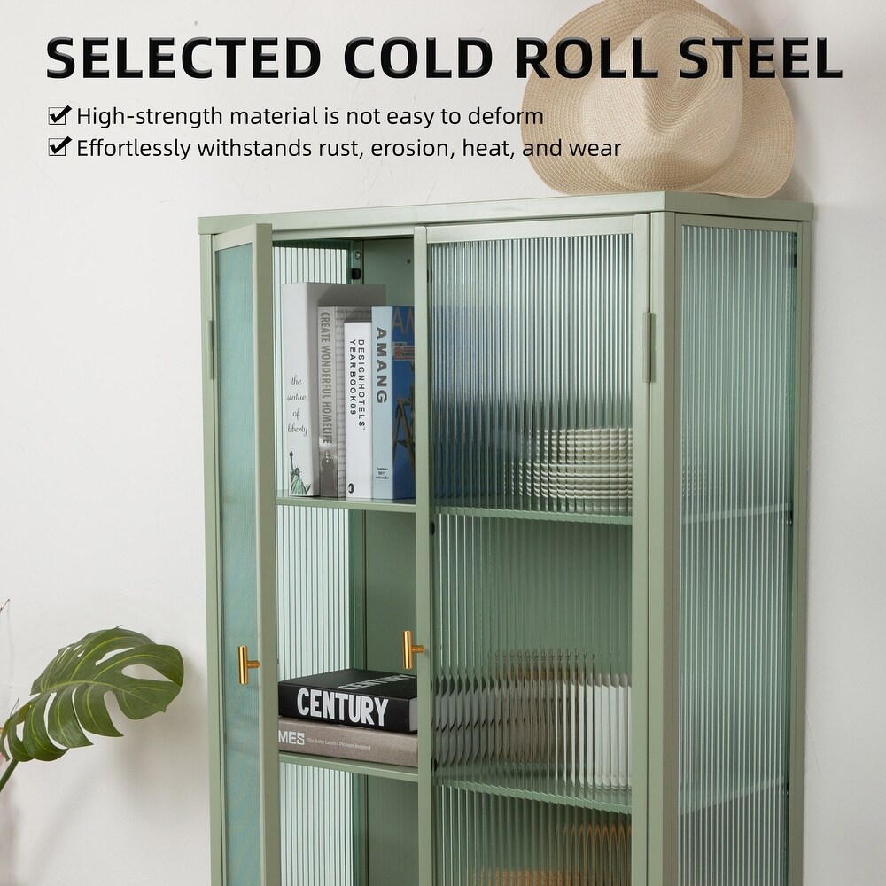 Tall Freestanding Display Cupboard Stylish Fluted Glass Storage Cabinet with Glass Doors Three Detachable Shelves Bottom Space