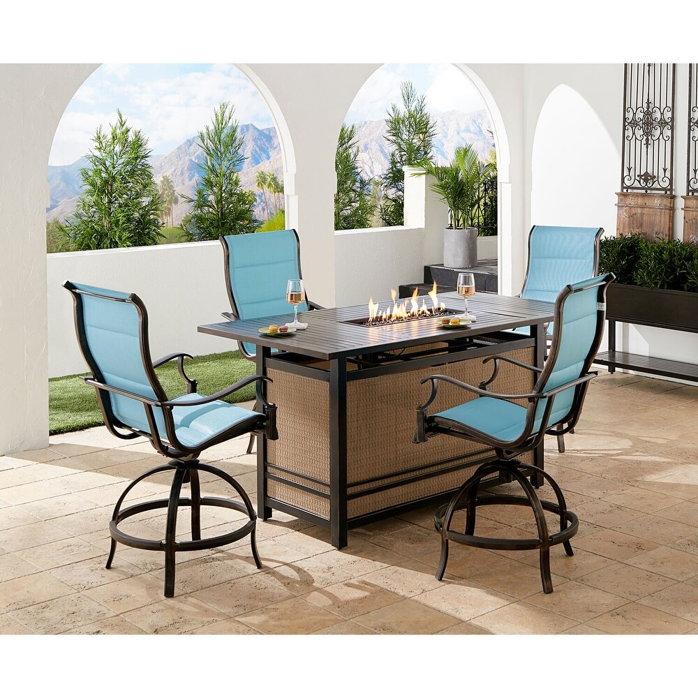 Hanover Traditions 5 Piece High Dining Set in Blue with 4 Padded Counter Height Swivel Chairs and a 30 000 BTU Fire Pit Table