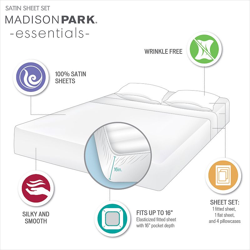 Madison Park Essentials Satin Luxury Solid Sheet Set and Pillowcases