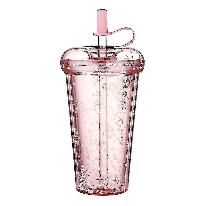 420ml Reusable Sparkling Glitter Cup With Lid Straw Transparent Sequins Water Bottle Cute Plastic Double Layer Drink Mug