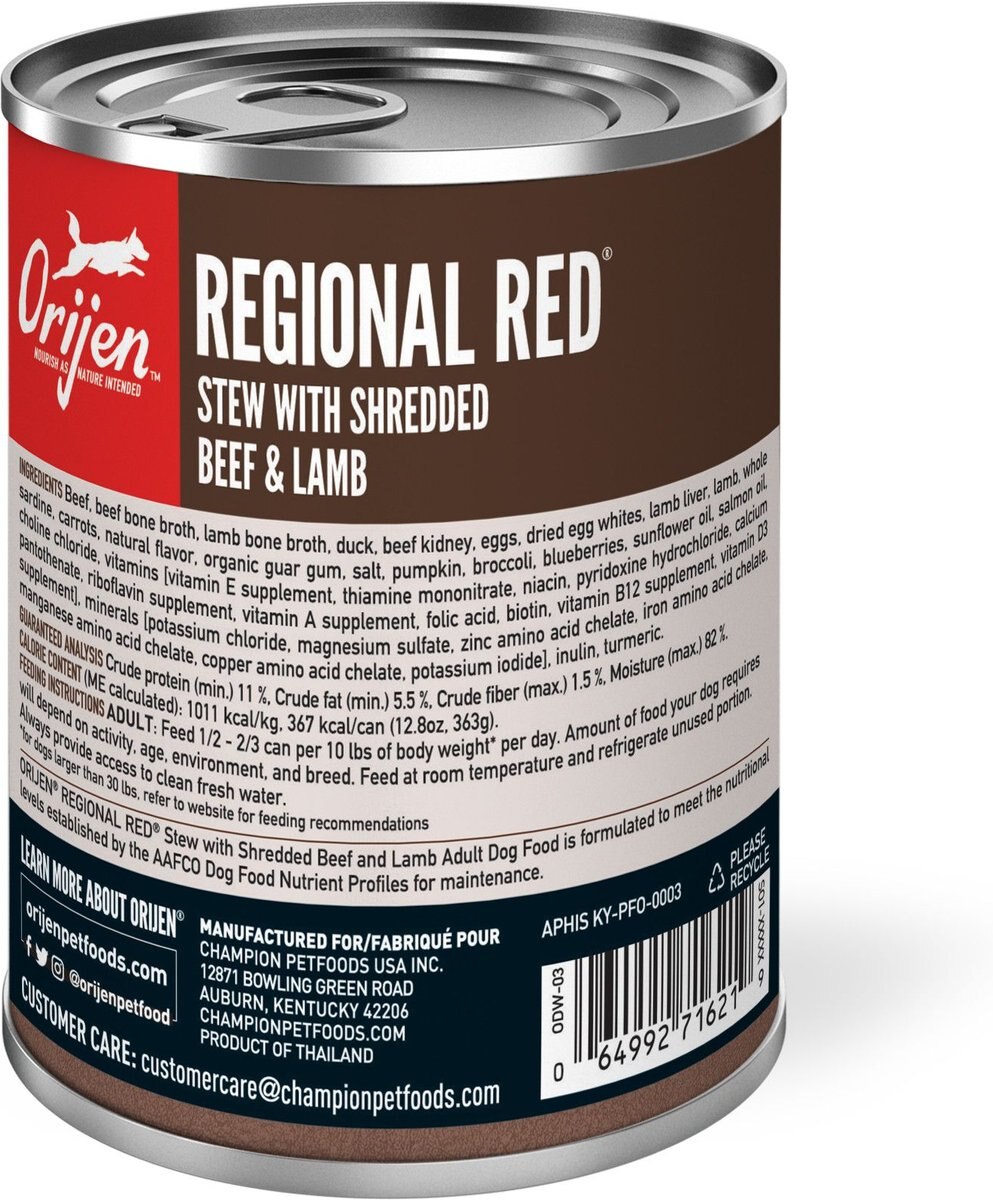 ORIJEN Real Meat Shreds Regional Stew Grain-Free Wet Dog Food， 12.8-oz can， case of 12