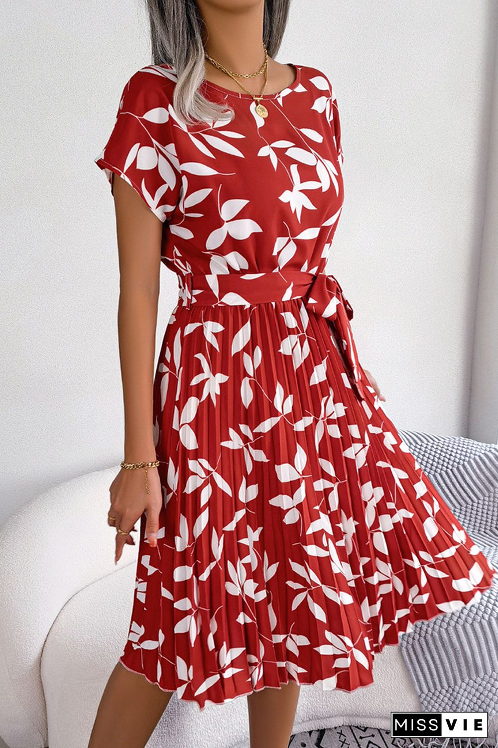 Leaf Print Pleated Midi Dress With Sash