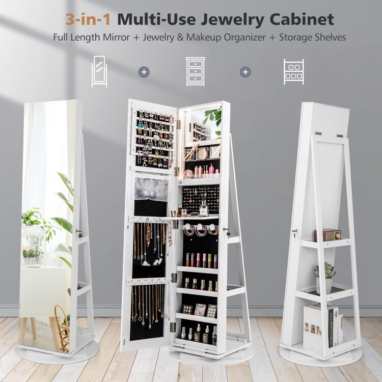 360° Rotating Mirrored Jewelry Cabinet Armoire 3 Color LED Modes Lockable   21.5\