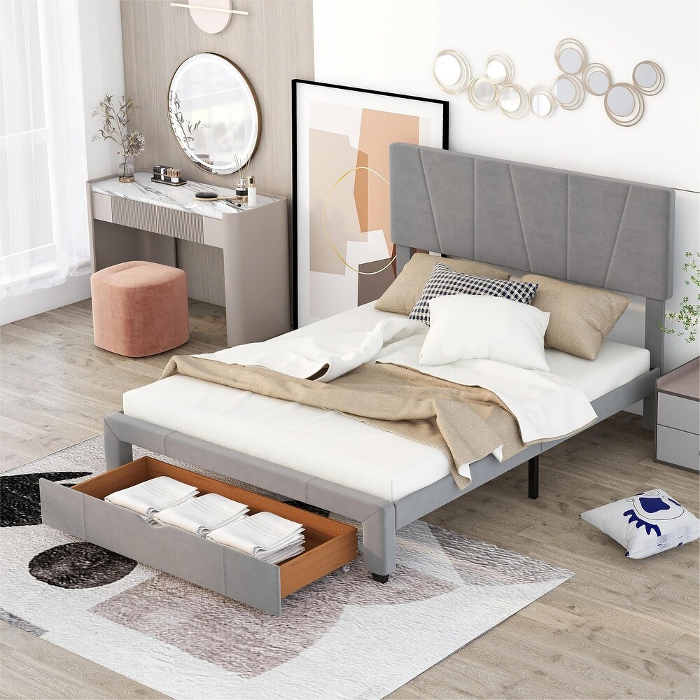 Modern Queen Size Upholstery Platform Bed with One Drawer