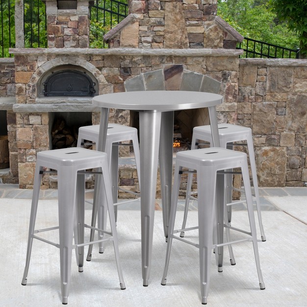 Round Metal Indoor outdoor Bar Table Set 4 Backless Stools