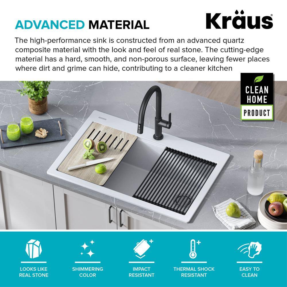 KRAUS Bellucci Workstation 33 in. Drop-In Granite Composite Single Bowl Kitchen Sink in White with Accessories KGTW1-33WH