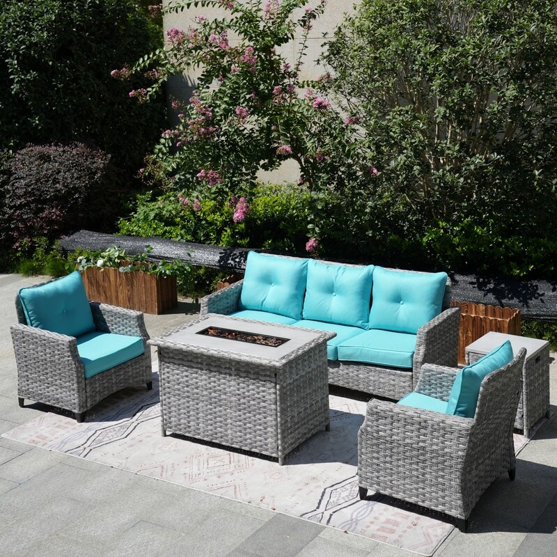 5 Piece Patio Wicker Sofa Set with Firepit Table and Rain cover