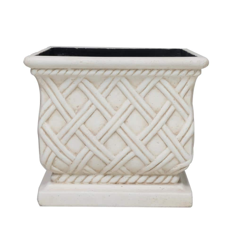 MPG 17.75 in. Aged White Cast Stone Square Lattice Planter PS5930AW