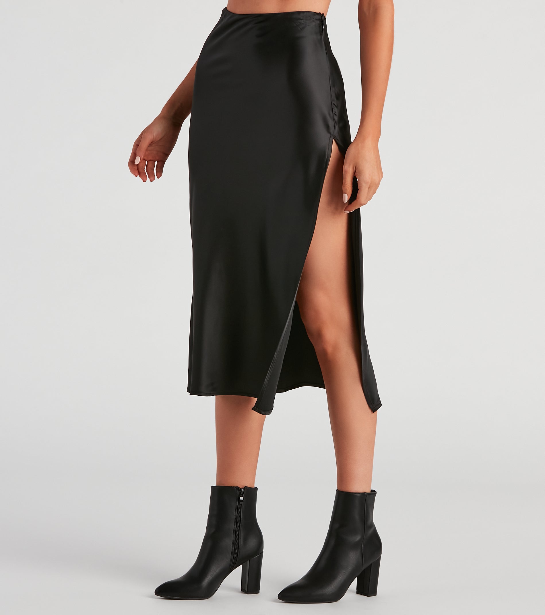 Lavish Life Satin Slit Midi Skirt